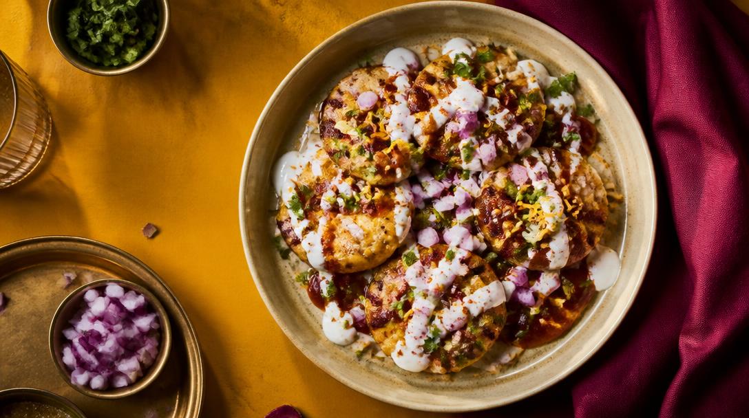 Aloo tikki chaat plated on a mustard-gold surface with chutneys, in the retro Indian diner palette of a Toronto street food brand.