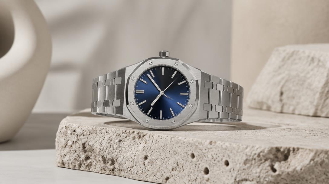 A steel watch with a deep blue sunburst dial resting on travertine stone in soft neutral light.