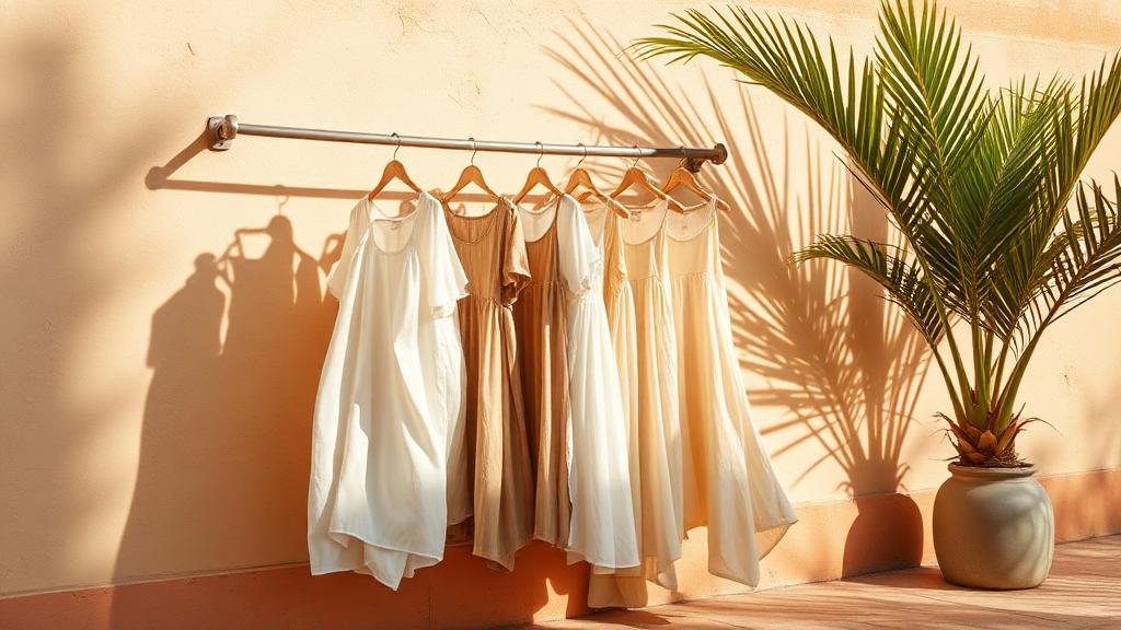 Linen dresses on a rail beside a sunlit stucco wall with palm shadows.