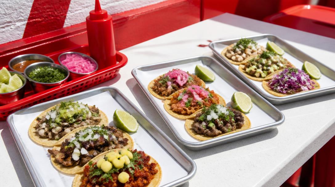 Street tacos on steel trays with bright red counter accents in a lively fast-casual taqueria.